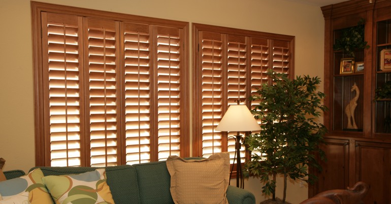 Wood shutters in Bluff City living room.